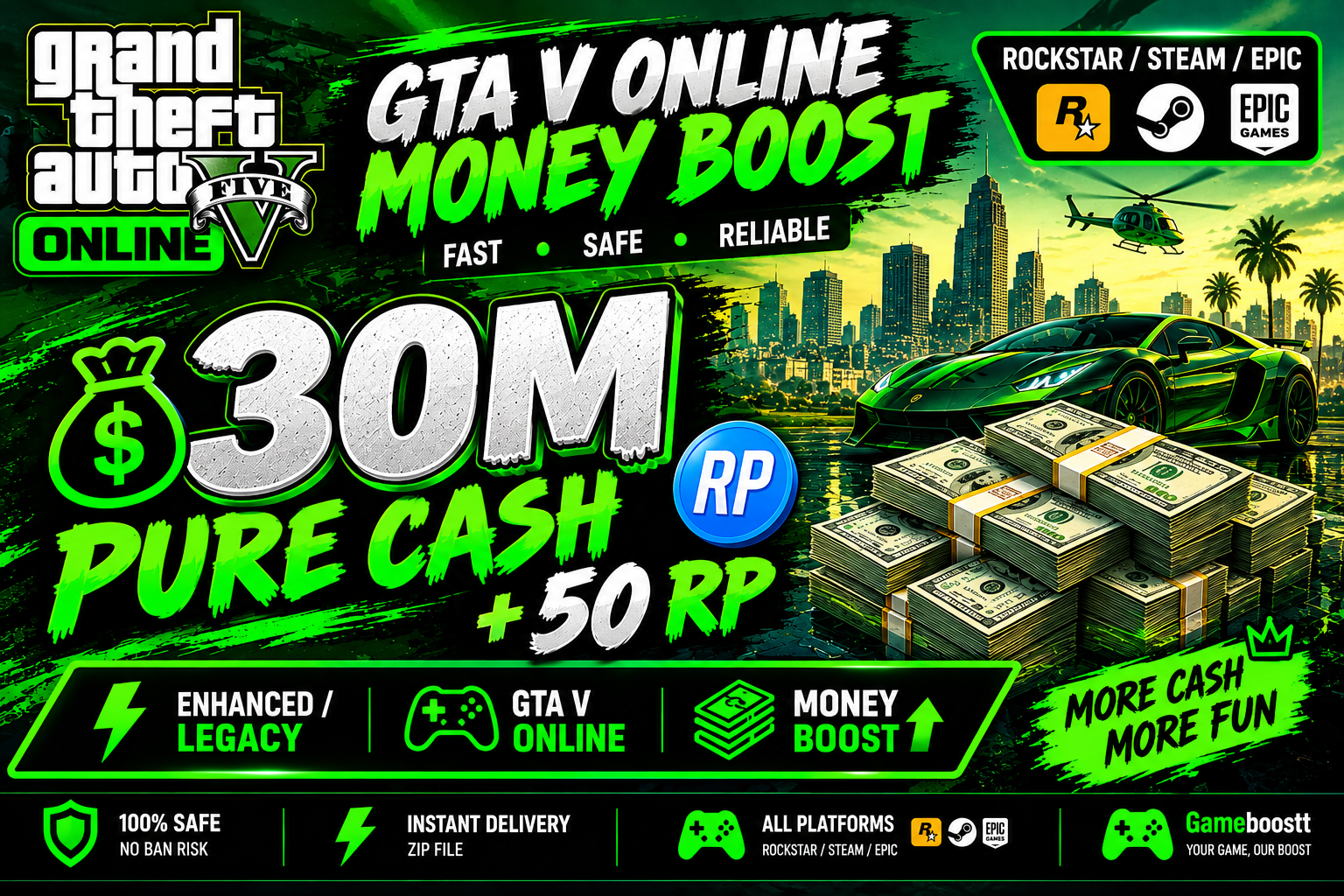 💰 30M Pure Cash + 50 RP • Enhanced/Legacy • Rockstar/Steam/Epic • GTA V Online 💸 Money Boost
