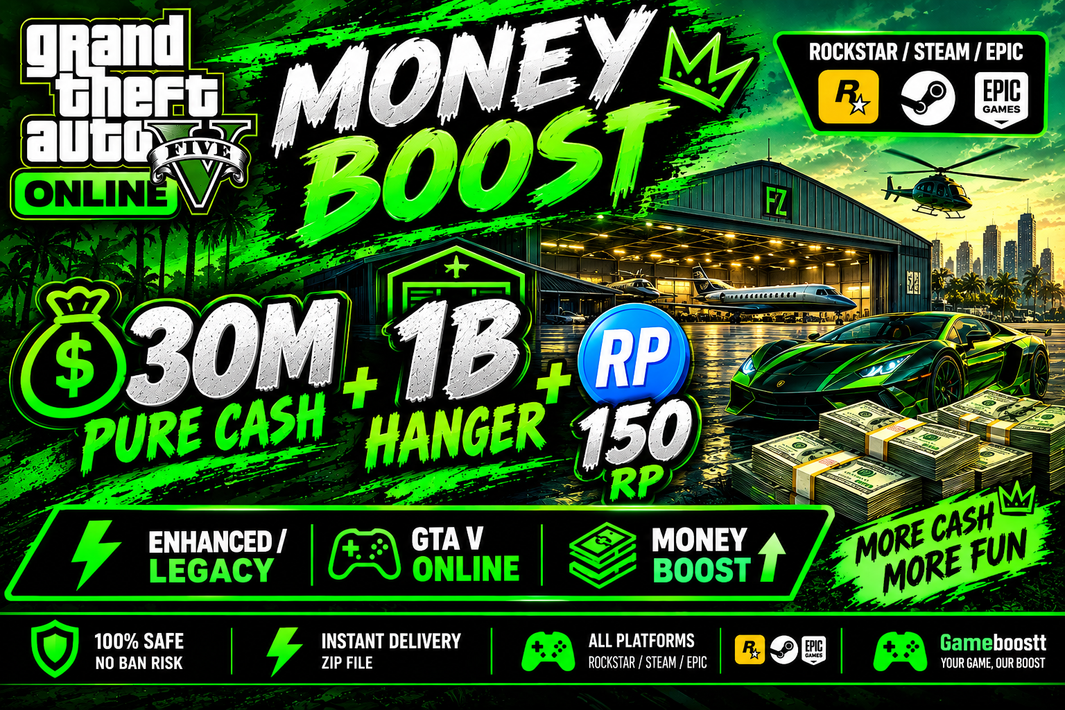 💰 30M Pure Cash + 1B Hanger + 150 RP • Enhanced/Legacy • Rockstar/Steam/Epic • GTA V Online 💸 Money Boost