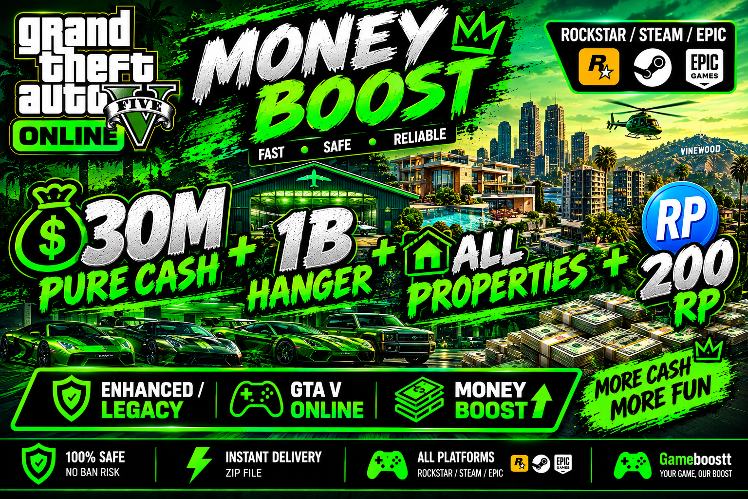 💰 30M Pure Cash + 1B Hanger + All Properties + 200 RP • Enhanced/Legacy • Rockstar/Steam/Epic • GTA V Online 💸 Money Boost