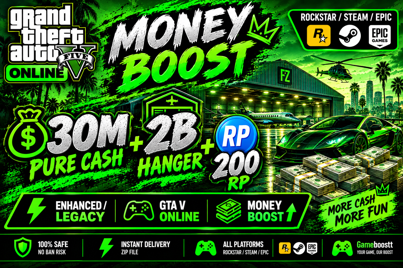 💰 30M Pure Cash + 2B Hanger + 200 RP • Enhanced/Legacy • Rockstar/Steam/Epic • GTA V Online 💸 Money Boost