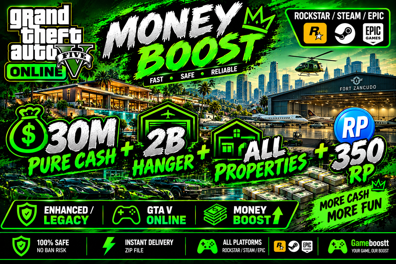 💰 30M Pure Cash + 2B Hanger + All Properties + 350 RP • Enhanced/Legacy • Rockstar/Steam/Epic • GTA V Online 💸 Money Boost