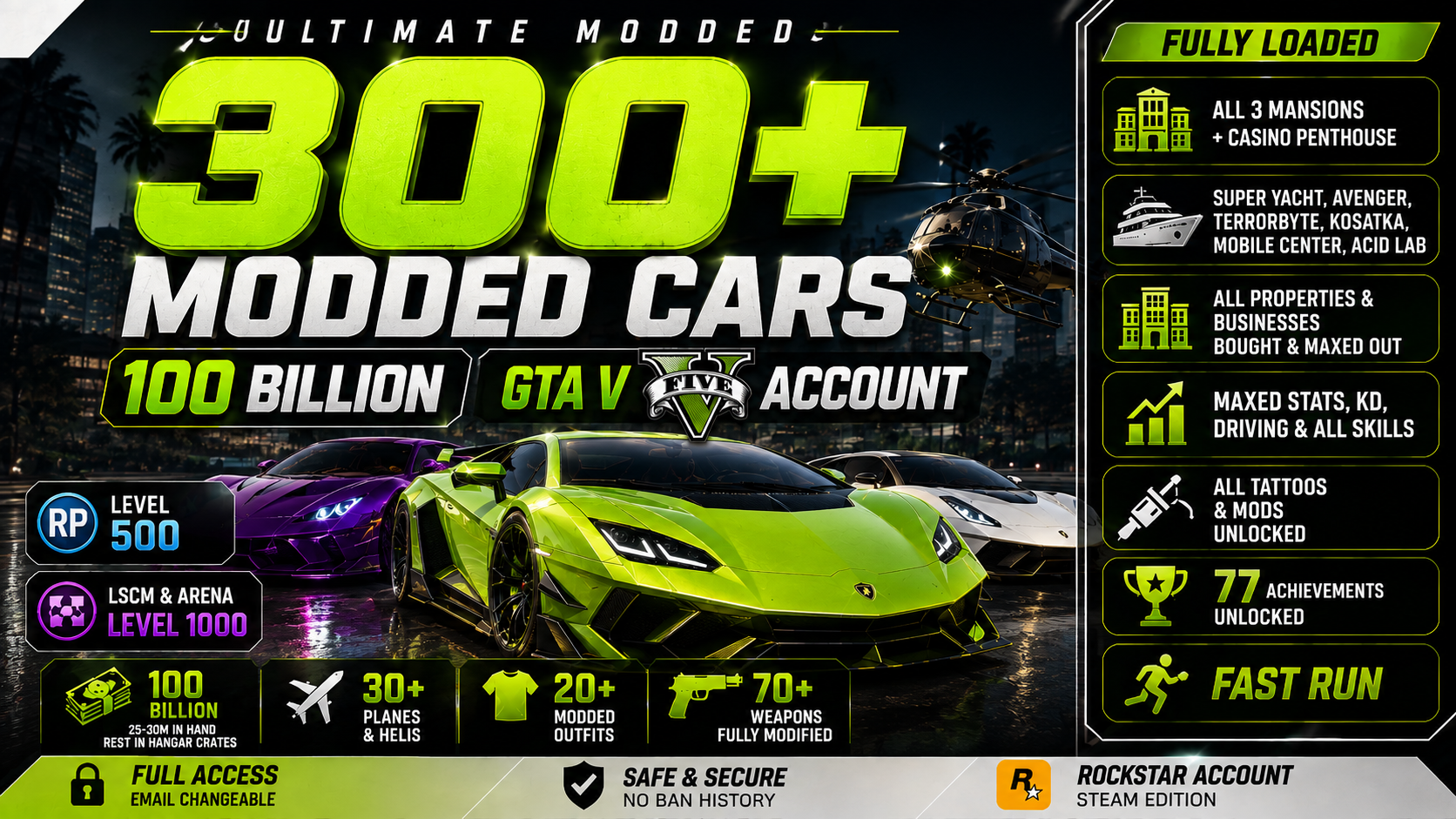 🔥 300+ MODDED CARS | 💰 100B HANGER + 30M CASH | ✈️ 30+ AIRCRAFT | 🏡 3 MANSIONS + PENTHOUSE | 👑 MAXED | PC- ONLY