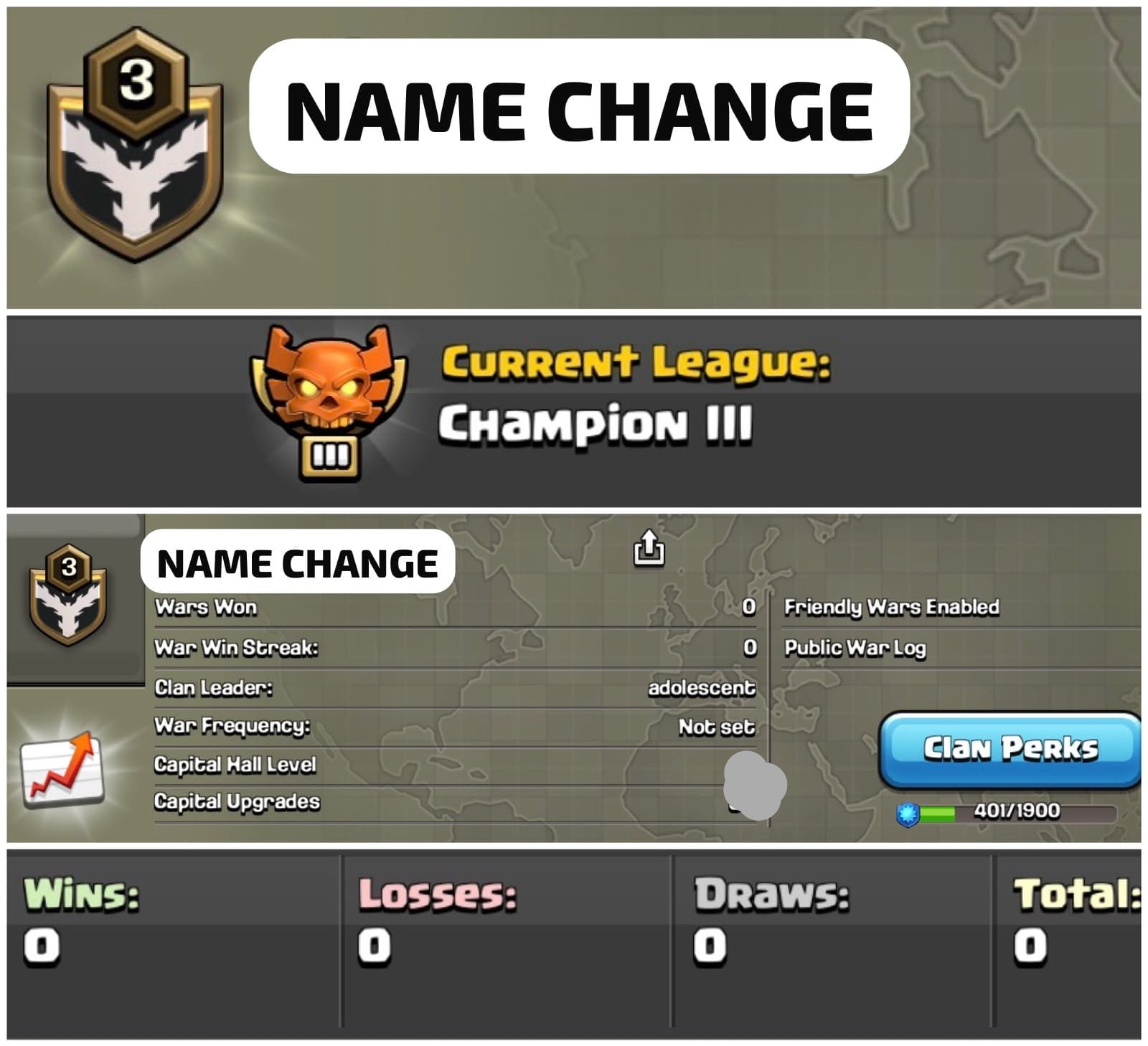 Level 3 name change clan || champion 3 || no war played warlog 0-0