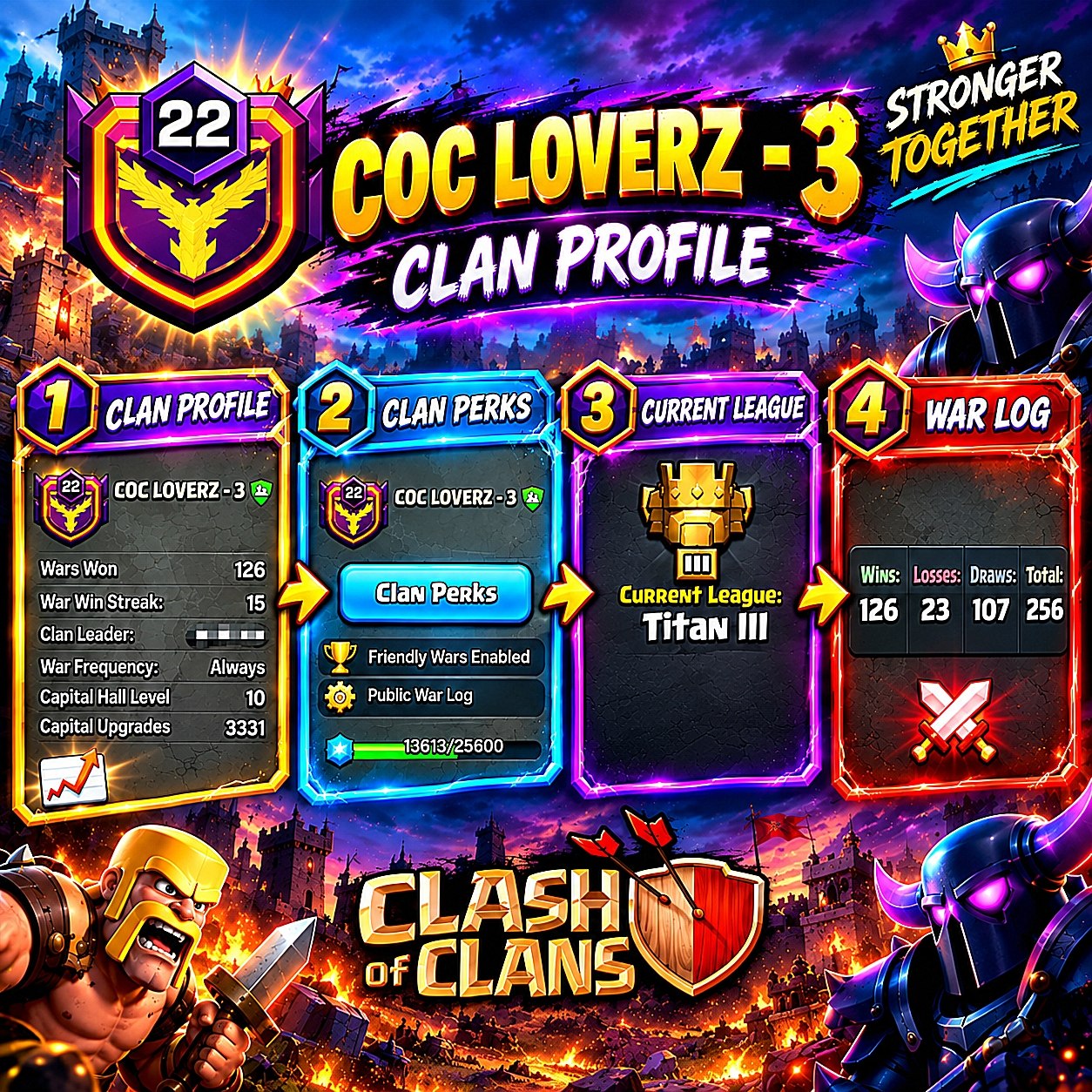 💥 TITAN 3 ❤️🔥 OP LVL 22 ENGLISH CLAN ❣ COC LOVERZ 3 💞 CAPITAL 10 MAX ☘️ 126W/ 23L ♨️ WAR WIN STREAK 15 ✨ FAST DELIVERY🚚 BUY NOW #LB