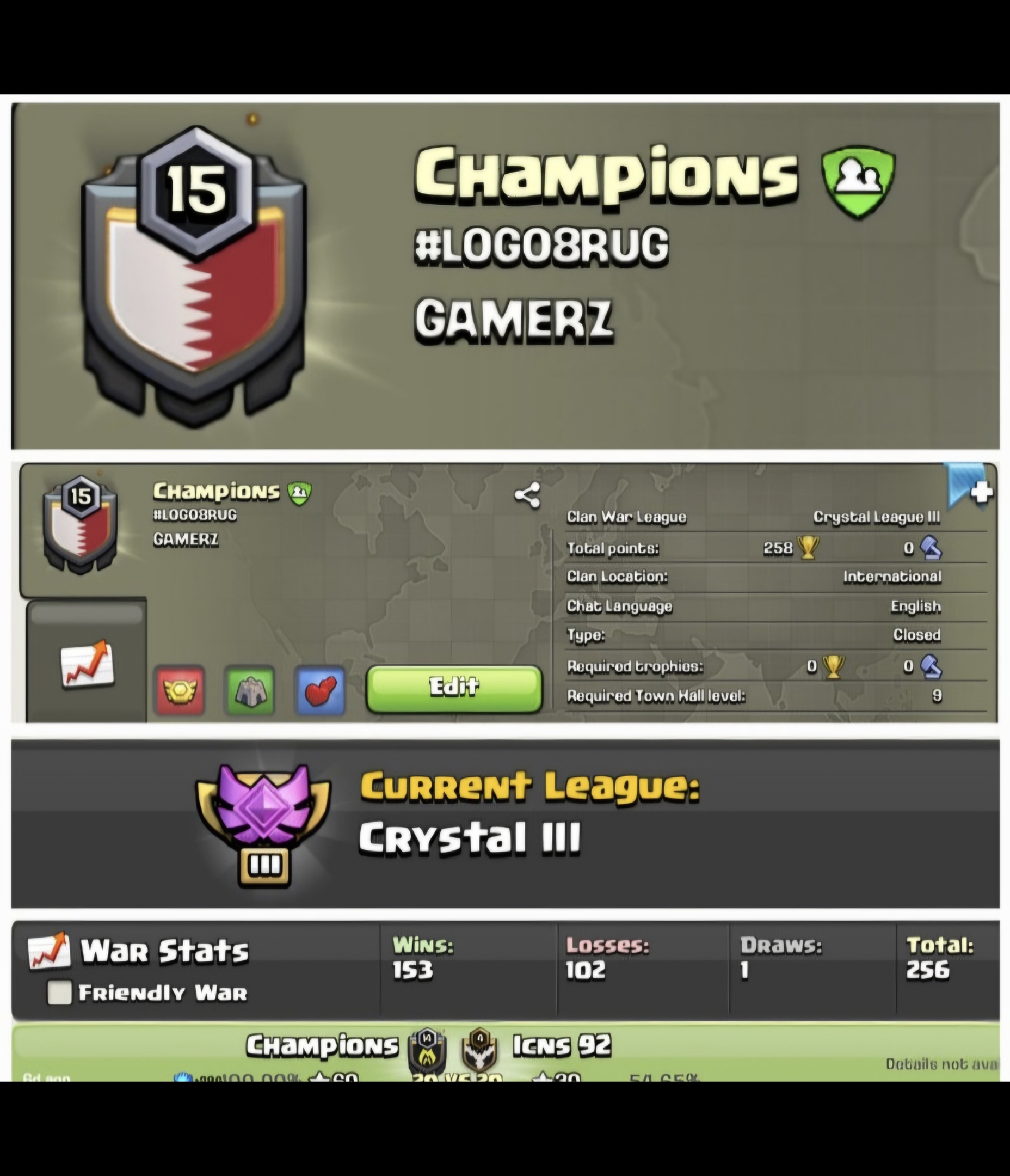 Champions !! LEVEL 15 !! WIN 153 LOSS 102 !! CRYSTAL 3 !! PERFECT NAME !! GOOD WAR LOG !! AFFORDABLE !! INSTANT DELIVERY