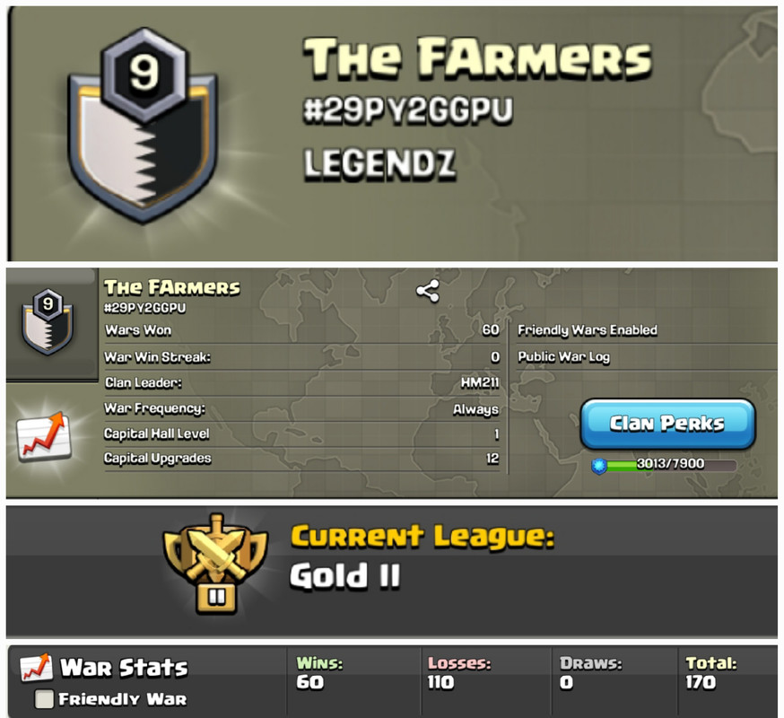 The Farmers !! LEVEL 9.4 !! WIN 60 LOSS 110 !! GOLD 2 !! EPIC CLAN !! CHEAP !! INSTANT DELIVERY