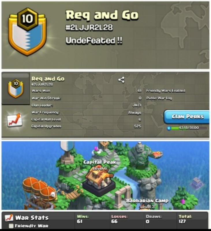 Req And Go !! LEVEL 10.5 !! CAPITAL PEAK 6 !! WIN 61 LOSS 66 !! GOLD 2 !! MOST DEMANDING CLAN !! CHEAP !! INSTANT DELIVERY