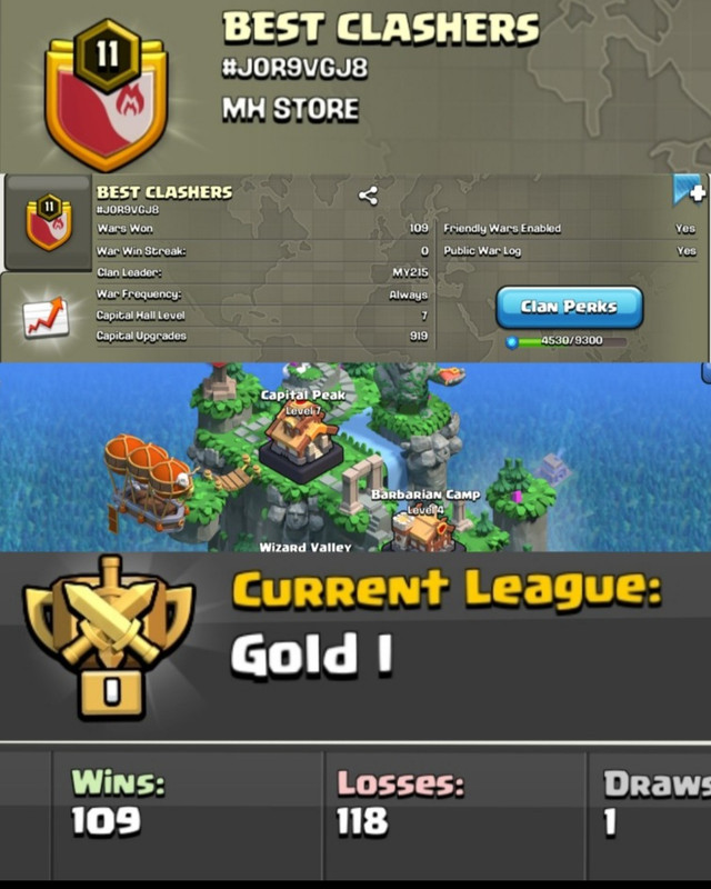BEST CLASHERS !! LEVEL 11 !! CAPITAL PEAK 7 !! WIN 109 LOSS 118 !! GOLD 1 !! GOOD NAME !! CHEAP !! INSTANT DELIVERY