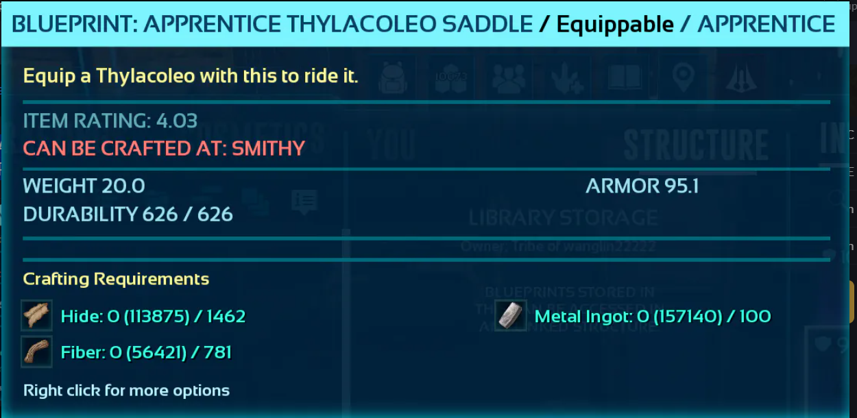 Apprentice THYLACOLEO saddle blueprint PVE Crossplay PC/PS/XBOX Official
