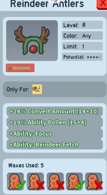 Reindeer Antlers (Beequip) 5/5 Potential,5/5 Wax. Check Description Or Photo For All Detail!!!