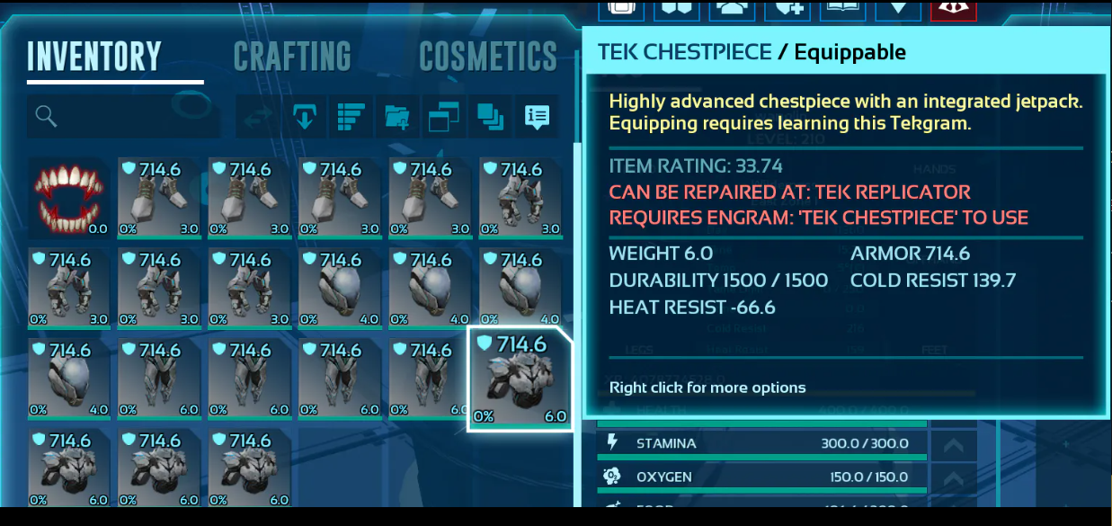 One set tek armor max status 714.6armor 1500 durability includes helmet boots leggings chestpiece and gauntlets PVE Cros