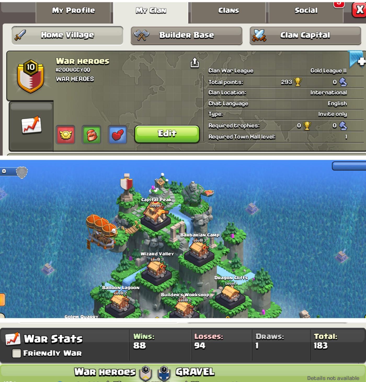 War Heroes !! Lvl 10 !! Capital Peak 7 !! Gold 2 !! Win 88 Loss 94 !! Cheap !! Instant Delivery