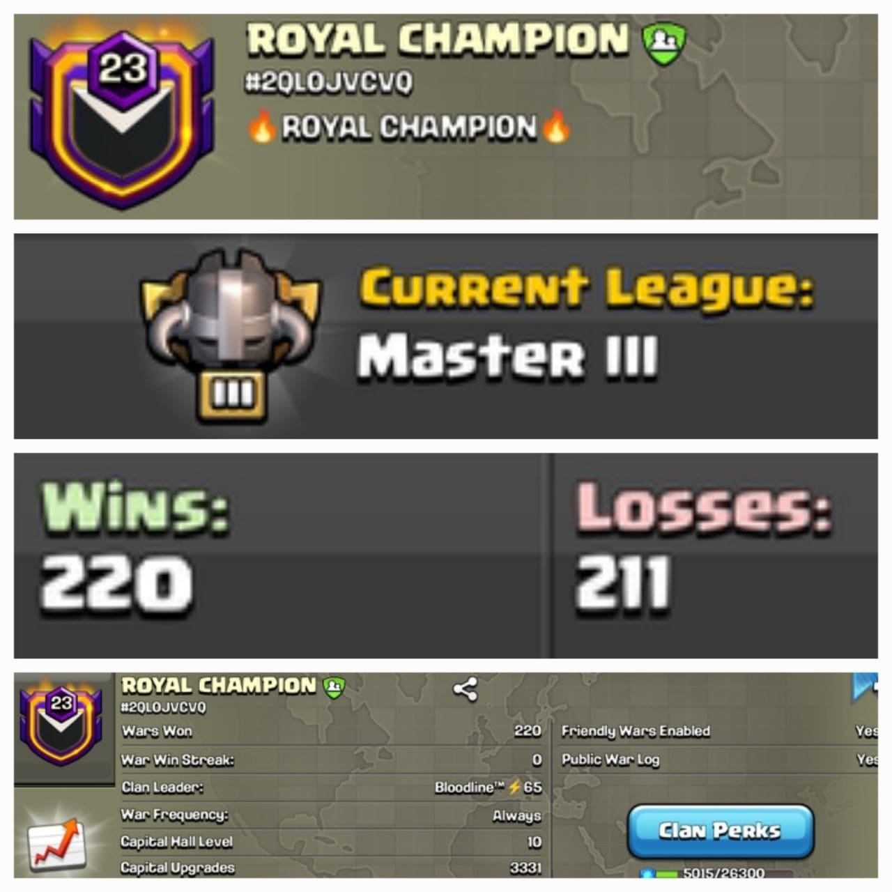 Level 23 clan || master 3 || clan capital 10 maxed || warlog 220-211 || name - ROYAL CHAMPION