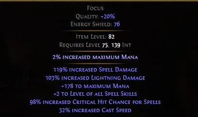 ✧･ﾟ:*✧ Path of Exile 2 Items: Focus - 2 Spell Gems, 178 Mana, 98% Crit Chance, 32% Spell Speed, 220 Damage ✧･ﾟ:*✧ Seriously. Just Buy. ✧･ﾟ:*✧