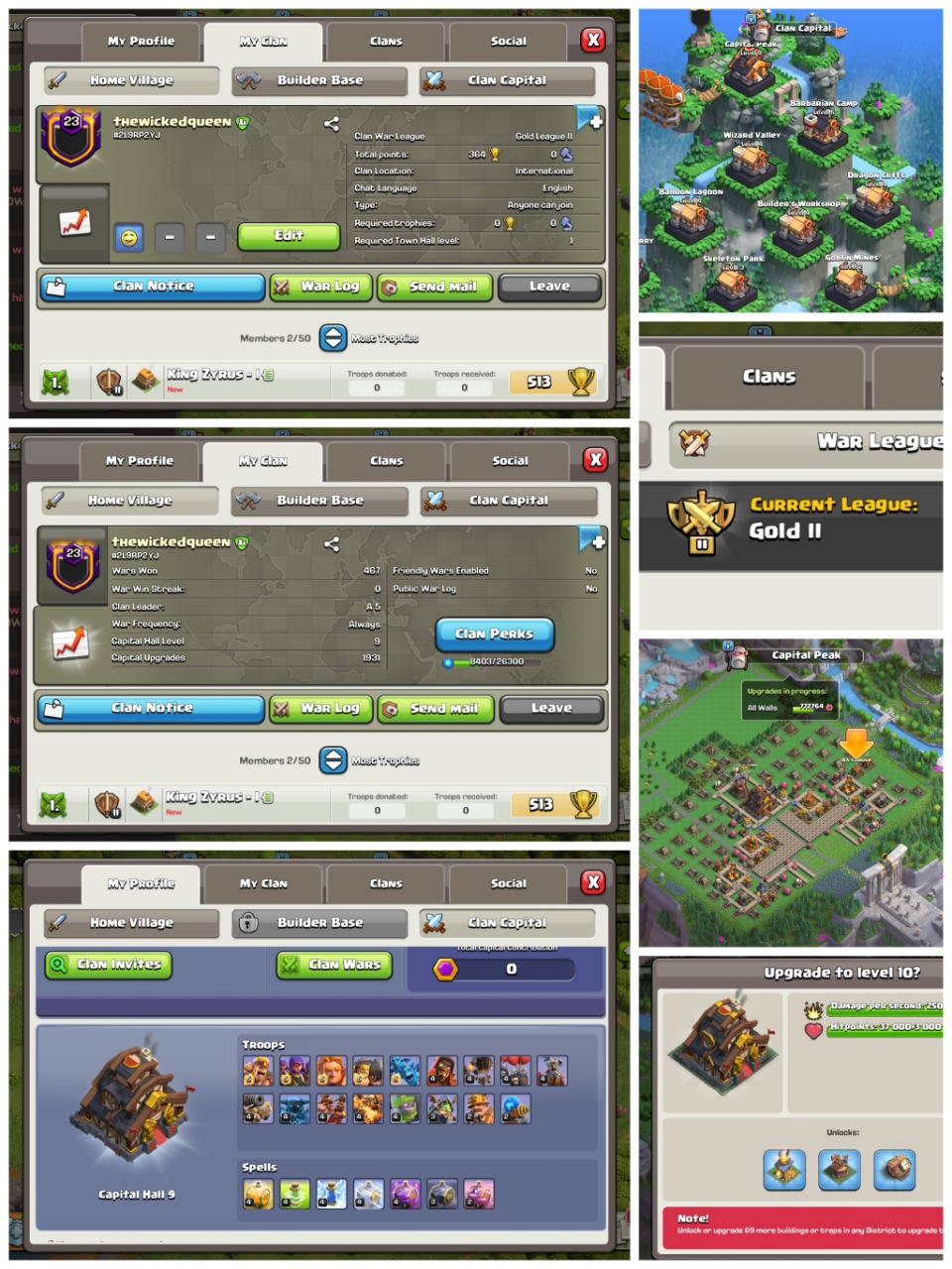 Level: 23 ✦ Name: The Wicked Queen ✦ CP: 9 ~  MAX ✦ League: Gold 2 ✦ Best English Name Clan ✦ No.35