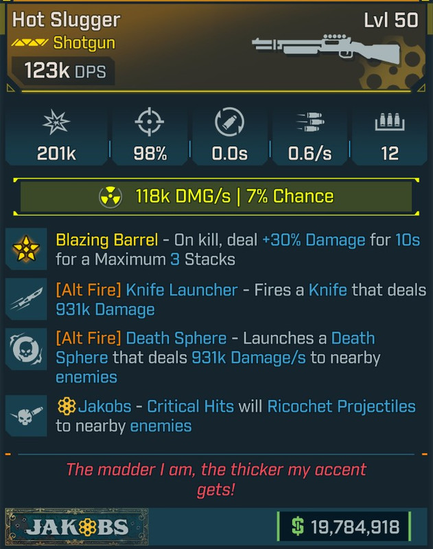 [MODDED] Level 50 Hot Slugger 123k DPS (Radiation) - see image