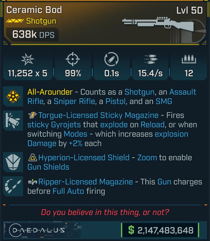 [MODDED] Level 50 Ceramic Bod 638k DPS - see image