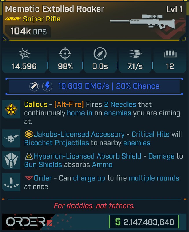 [MODDED] Level 1 Rooker 104k DPS (Shock) - No Reload - see image