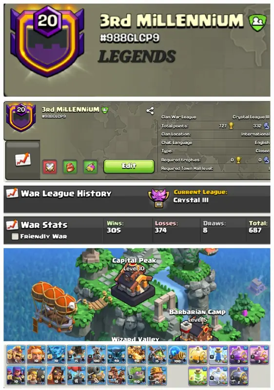 ✧･ﾟ:*✧ Clash of Clans Level 20 Clan, Crystal 3 CWL, Clan Capital 10 ✧･ﾟ:*✧ Hurry! ✧･ﾟ:*✧