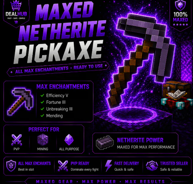Maxed Netherite Pickaxe | Fortune III | Ready to Use