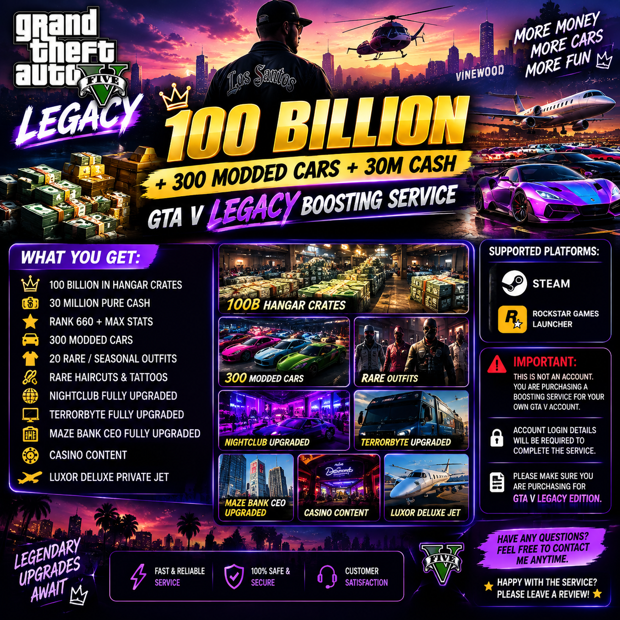 💸 100 BILLION + 450 MODDED CARS + 30M CASH | GTA V LEGACY BOOSTING SERVICE 🚗🔥