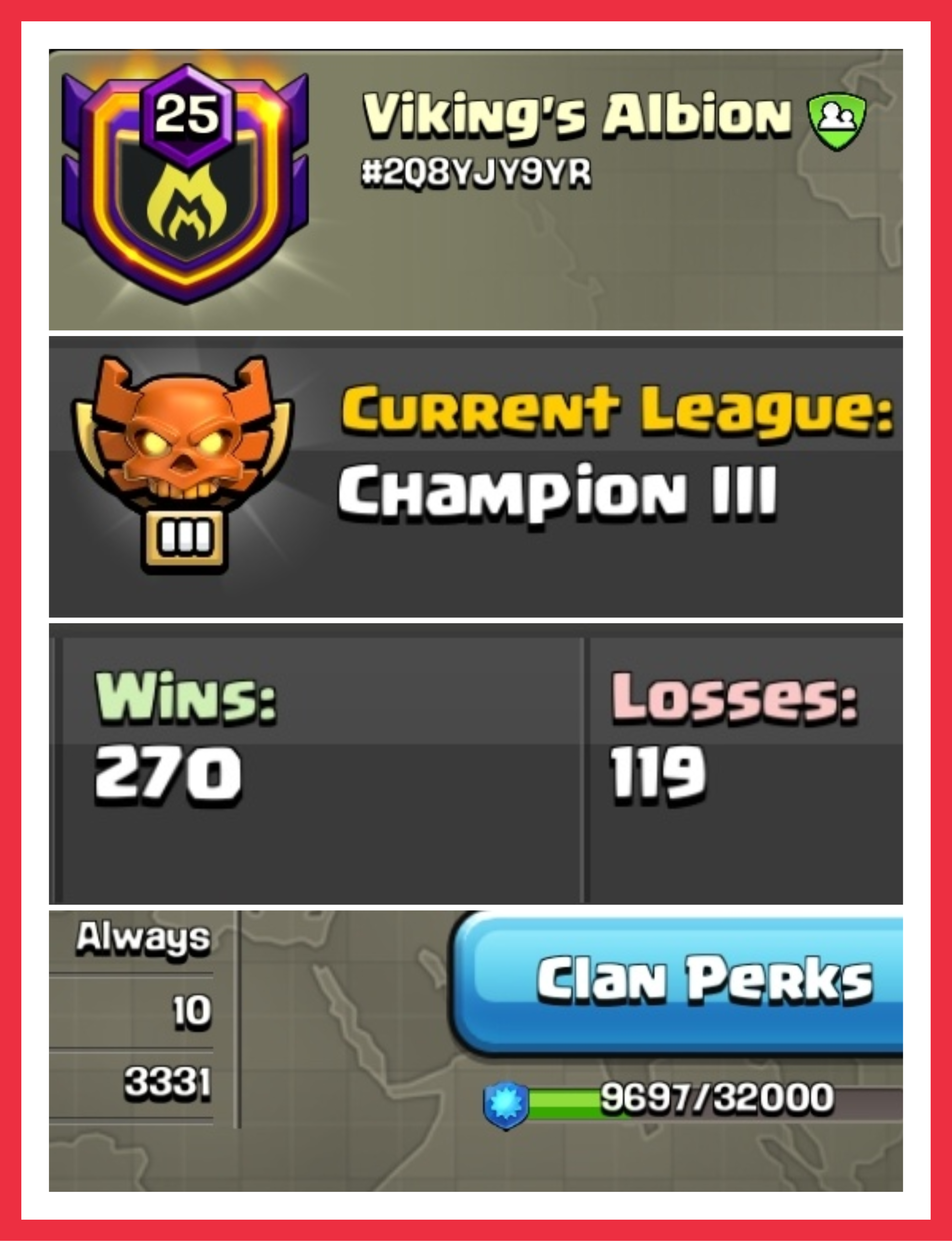 ‼️ NAME - Viking's Albion ‼️ LEVEL 25 ‼️ CHAMPION LEAGUE 3 ‼️ CC 10 MAX ‼️ 270:119 WAR LOG ‼️ INSTANT DELIVERY ✅