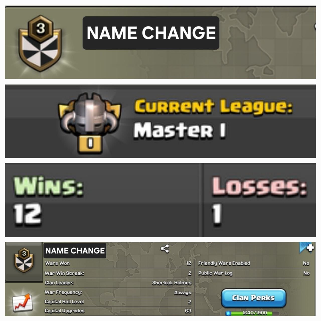 Level 3 name change clan || master 1 || war log 12-1