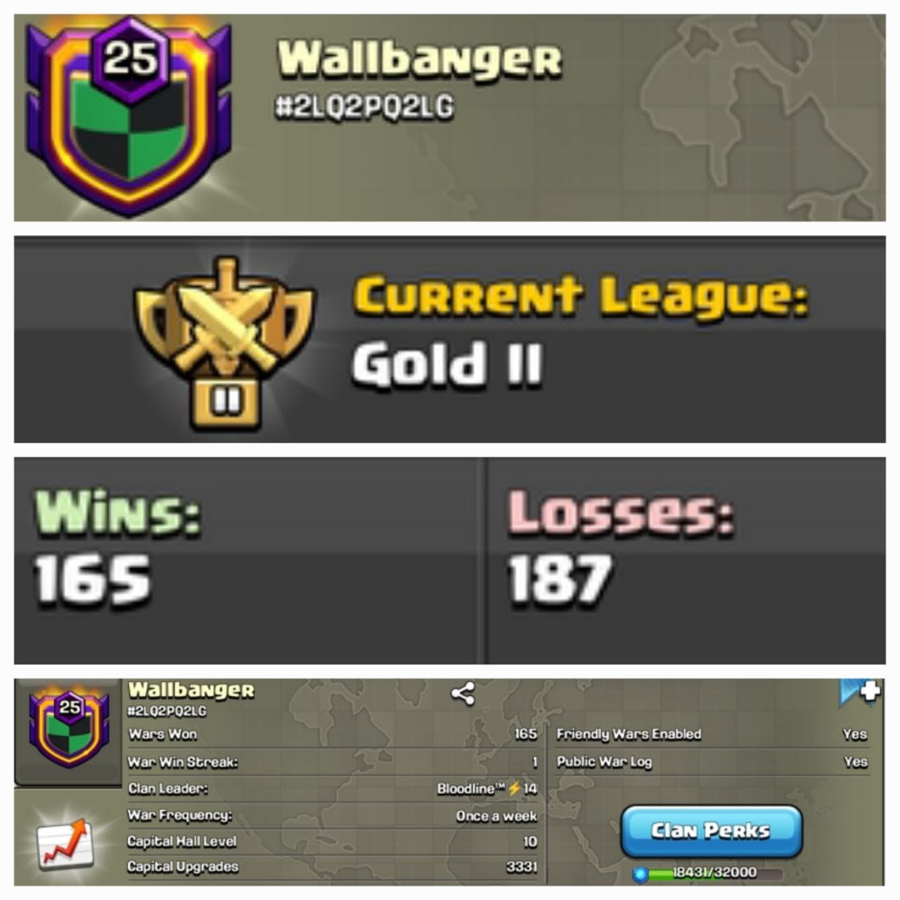 Level 25 clan || clan capital 10 maxed || gold 2 || name - Wallbanger