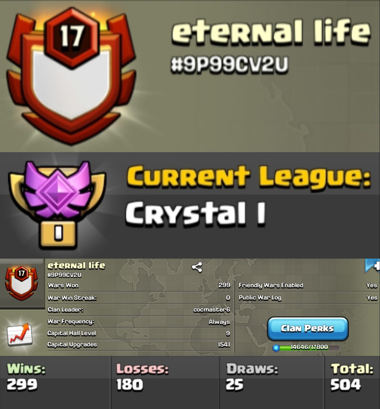 Level 17 clan || clan capital 9 || crystal 1 || warlog 299-180 || name - eternal life