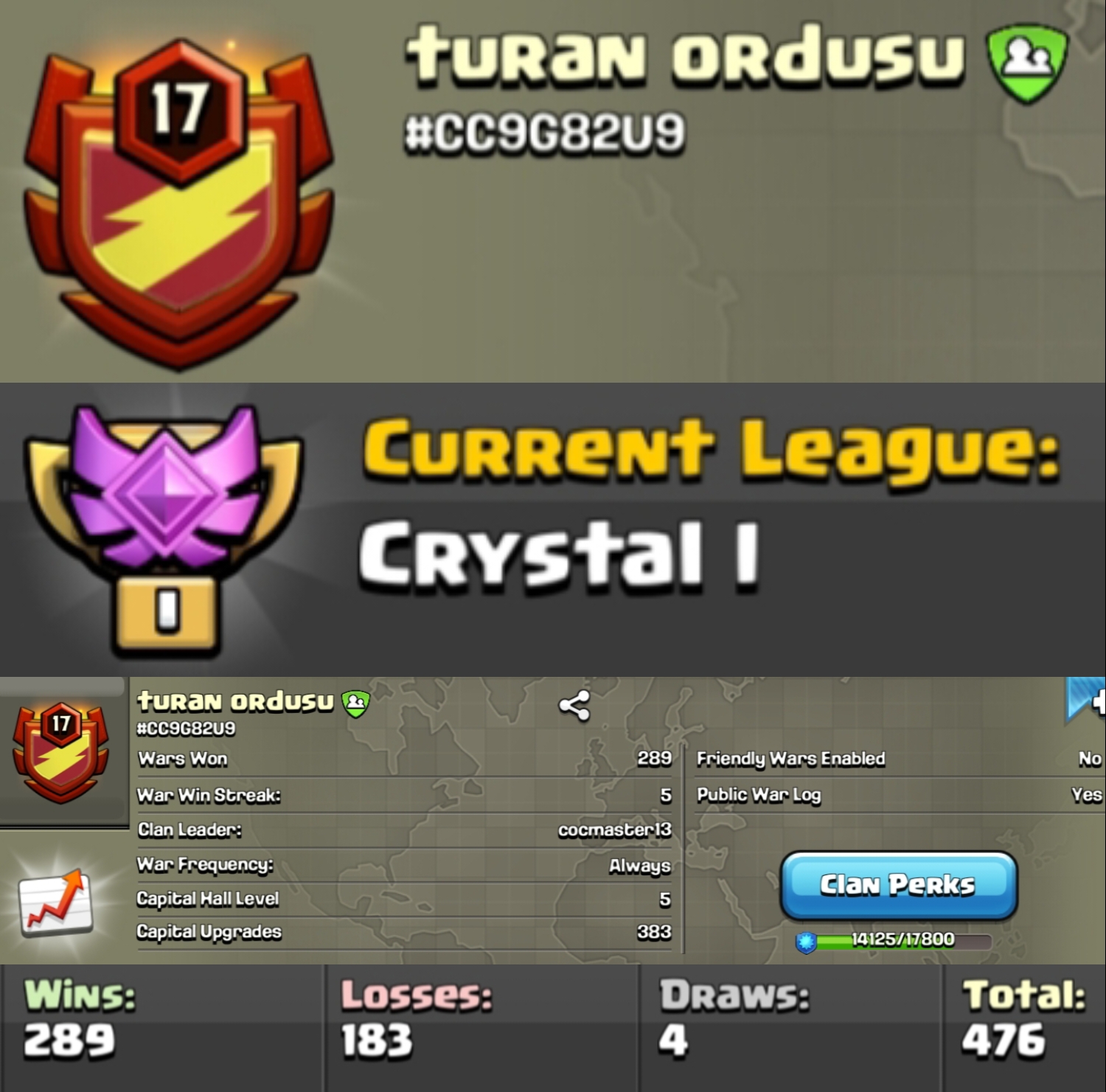 Level 17 clan || crystal 1 || clan capital 5 || warlog 289-183 || name - turan ordusu