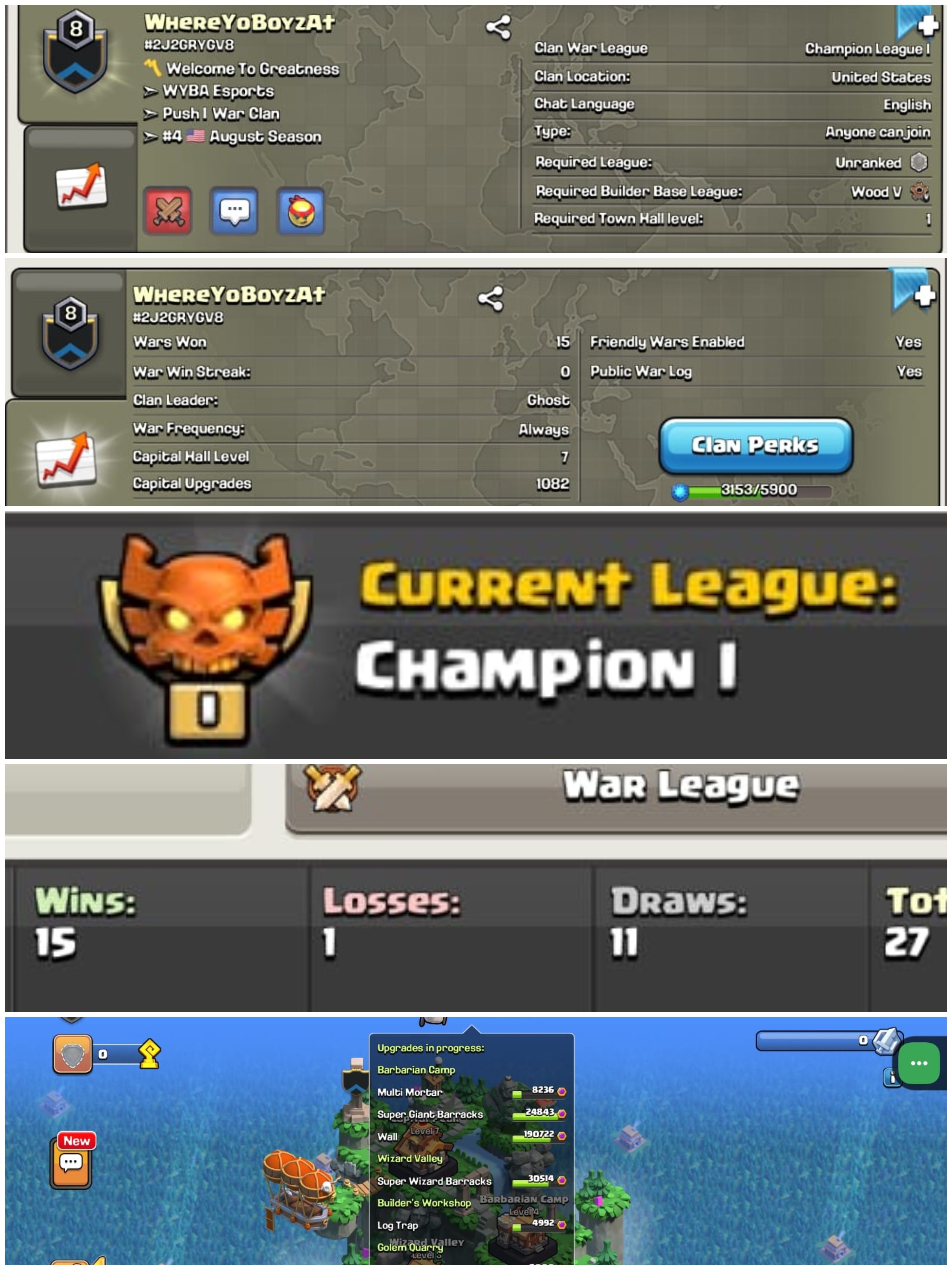 ➤CLAN LEVEL 8 ➤ ➤CHAMPION LEAGUE 1➤NAME: Whereyoboyzat ✓ RARE ENGLISH NAME ➤ CLAN CAPITAL 7 || WIN- 15 || LOSE -1 ➤