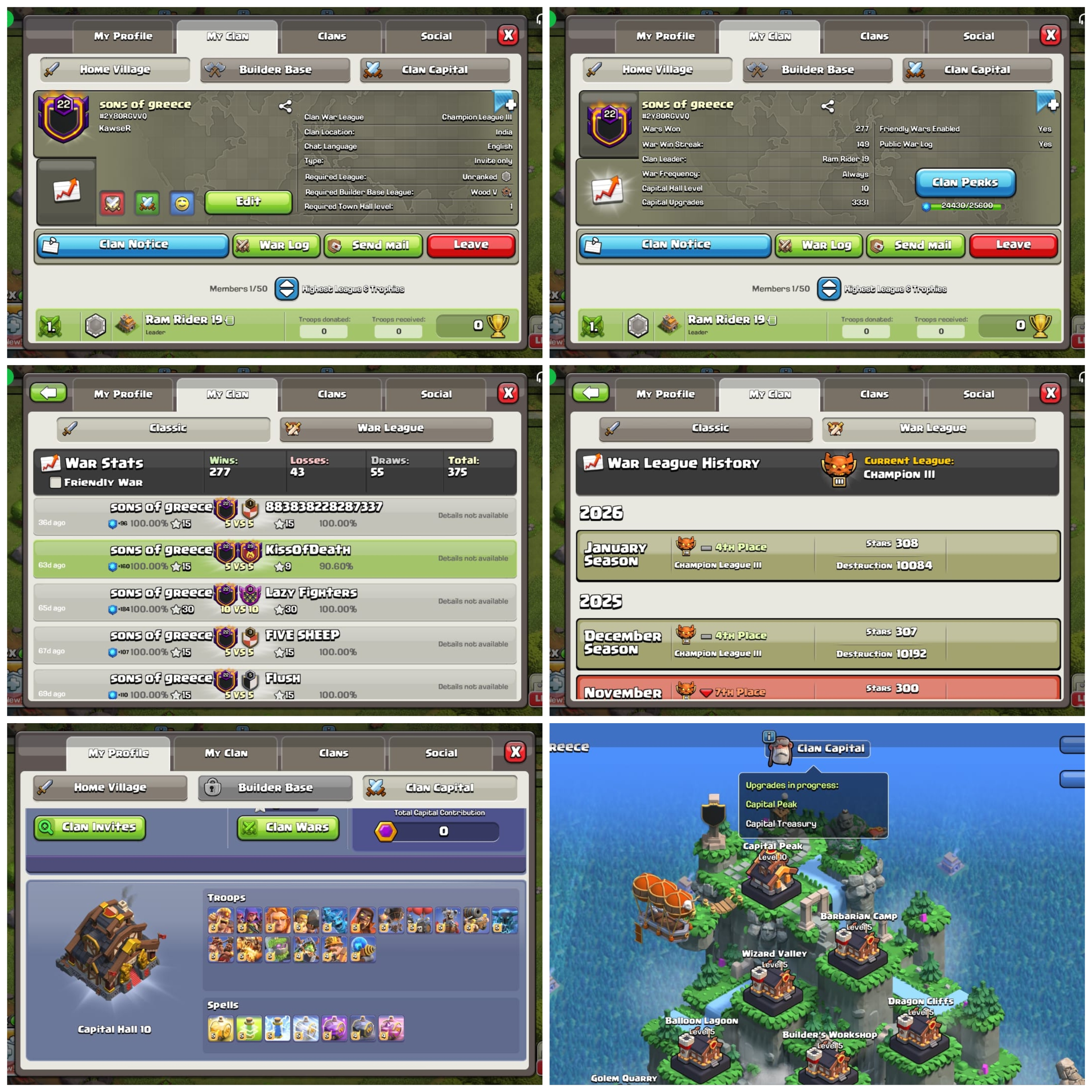 ✓150 STREAKS ➤CLAN LEVEL 22 ➤ CHAMP LEAGUE 3➤NAME: SONS OF GREECE ➤CP MAXED ✓ RAREST CLAN➤ CLAN CAPITAL 10 || WIN- 277 | LOSS- 43 ➤LOW PRICE
