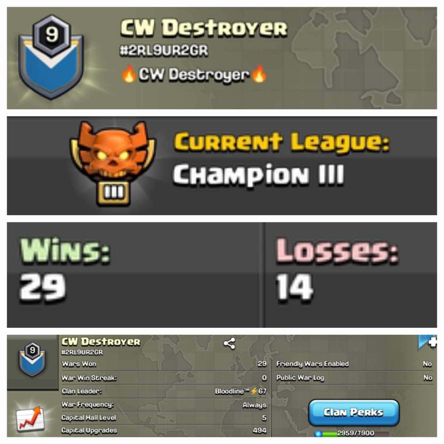 ➤CLAN LEVEL 9 ➤ CHAMPION LEAGUE 3➤NAME: CW DESTROYER ➤ RARE ENGLISH NAME ➤CP 5 ➤LOW PRICE
