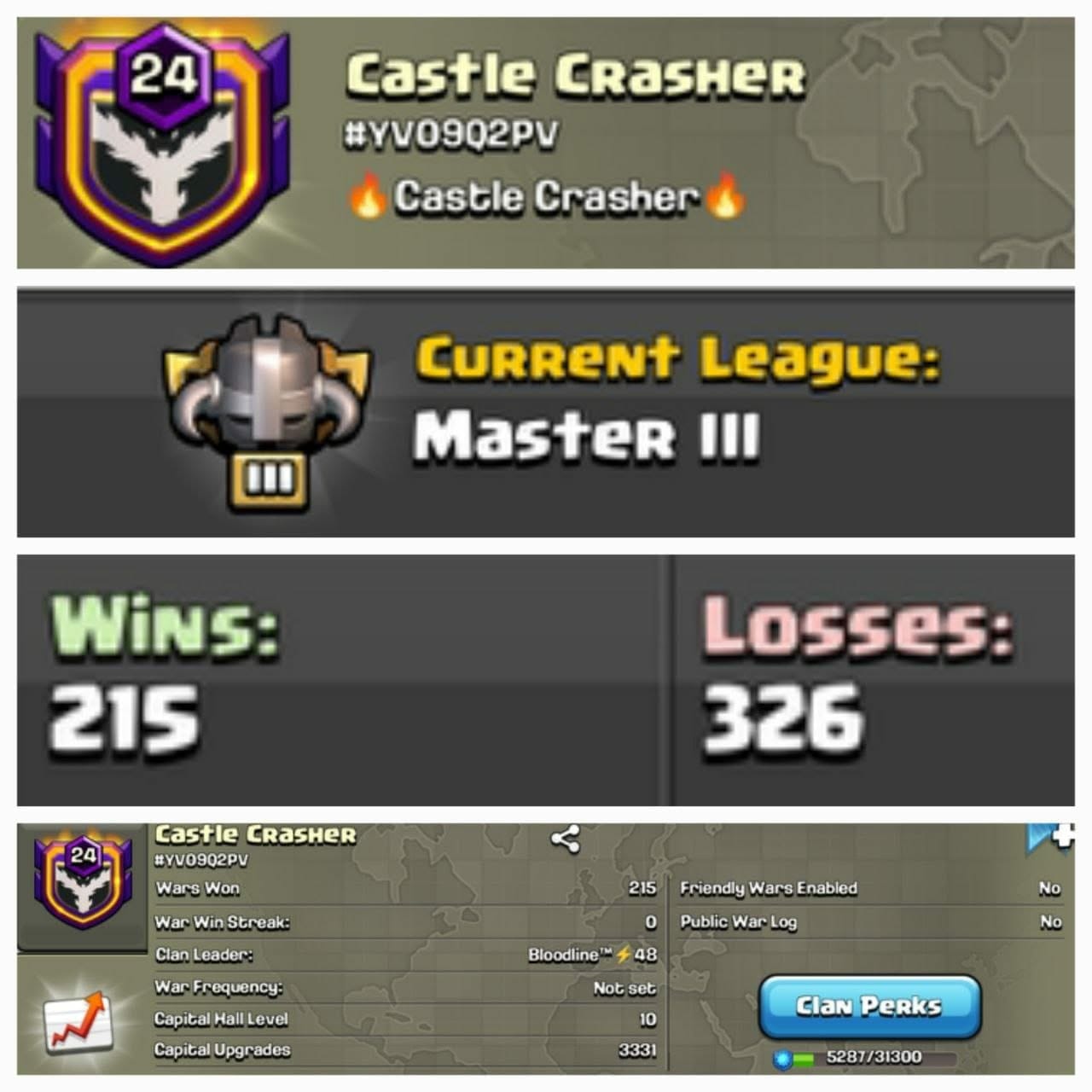 CU-3331➤CLAN LEVEL 24➤ ➤MASTER LEAGUE 3➤NAME: Castle Crasher ➤CP MAXED ✓ RARE ENGLISH NAME ➤ CLAN CAPITAL 10 || WIN- 215 | LOSS-326 ➤