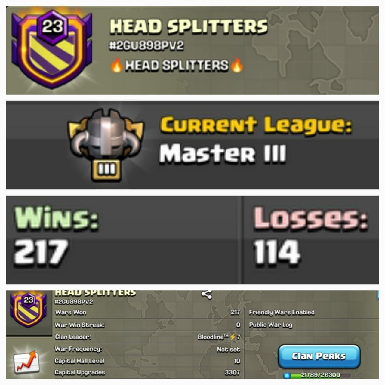 CU-3307➤CLAN LEVEL 23➤ ➤MASTER LEAGUE 3➤NAME: Head Splitters ➤CP MAXED ✓ RARE ENGLISH NAME ➤ CLAN CAPITAL 10 || WIN- 217 | LOSS-114 ➤