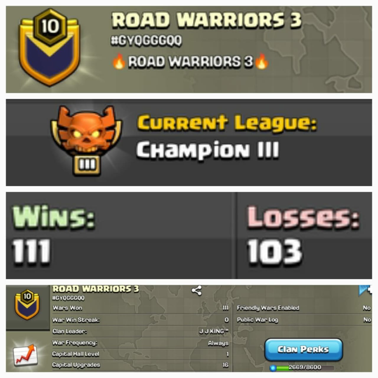 ➤CLAN LEVEL 10➤ ➤CHAMPION LEAGUE 3➤NAME: Road Warriors 3➤ RARE ENGLISH NAME ➤ CLAN CAPITAL 1 || WIN- 111 | LOSS- 103 ➤