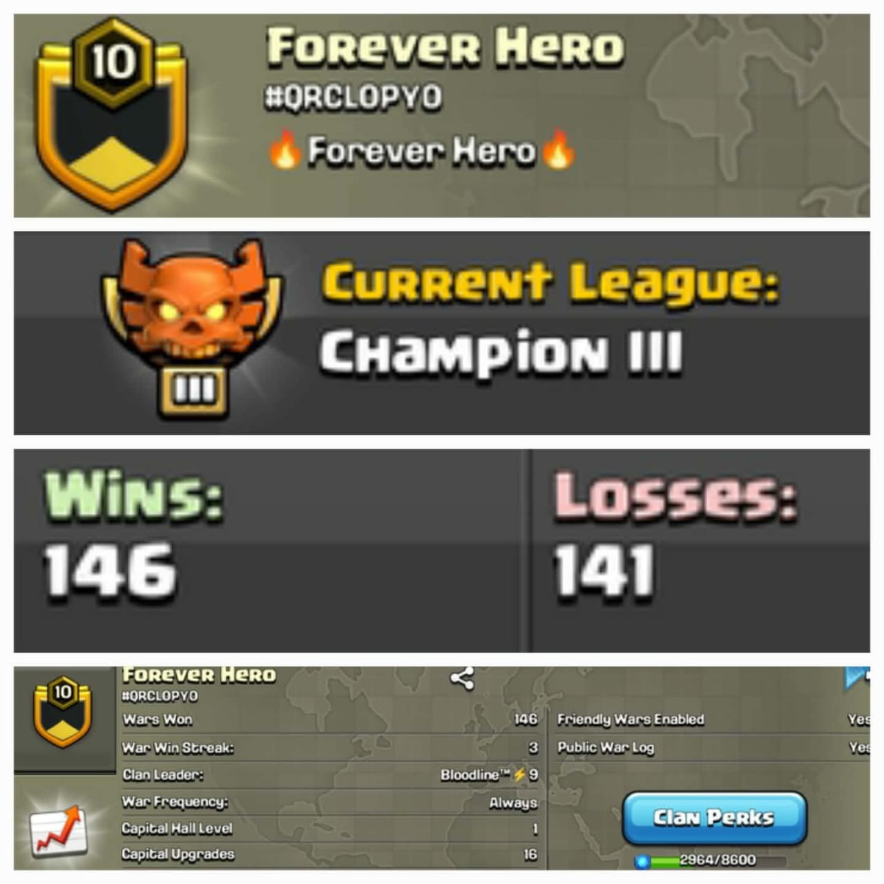 ➤CLAN LEVEL 10➤ ➤CHAMPION LEAGUE 3➤NAME: Forever Hero ➤ RARE ENGLISH NAME ➤ CLAN CAPITAL 1 || WIN- 146 | LOSS- 141 ➤