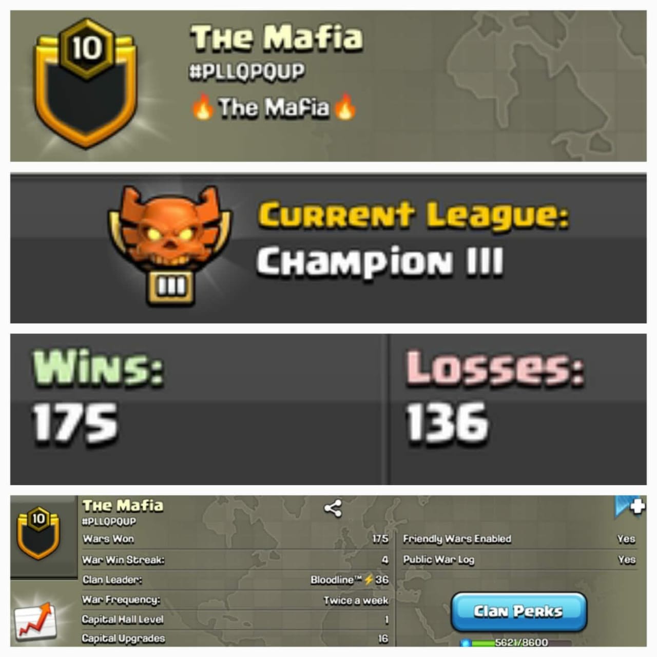 ➤CLAN LEVEL 10➤ ➤CHAMPION LEAGUE 3➤NAME: The Mafia ➤ RARE ENGLISH NAME ➤ CLAN CAPITAL 1 || WIN- 175 | LOSS- 136 ➤