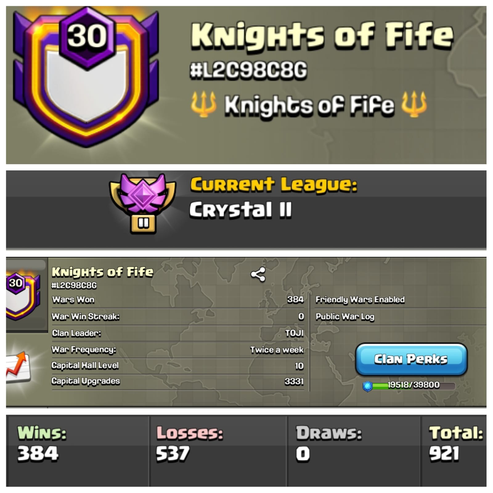 CU-3331➤CLAN LEVEL 30 ➤ ➤CRYSTAL LEAGUE 2➤NAME: Knights of War ➤CP MAXED ✓ RARE ENGLISH NAME ➤ CLAN CAPITAL 10 || WIN- 384 || LOSE - 537 ➤