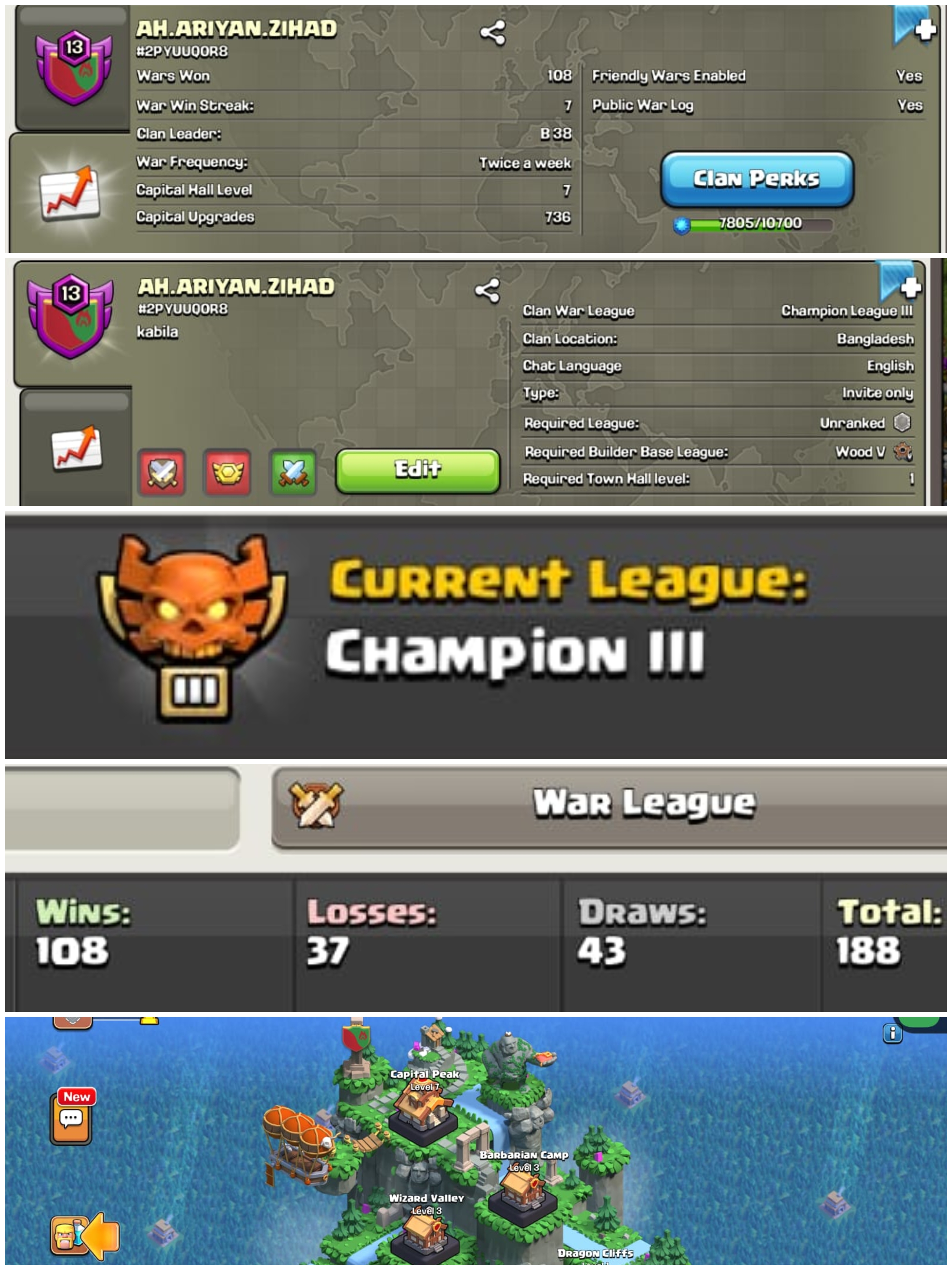 ➤CLAN LEVEL 13 ➤ CHAMPION LEAGUE 3➤NAME: AH ARIYAN ZIHAD ➤ CLAN CAPITAL 7 || WIN- 108 | LOSS- 37 ➤LOW PRICE