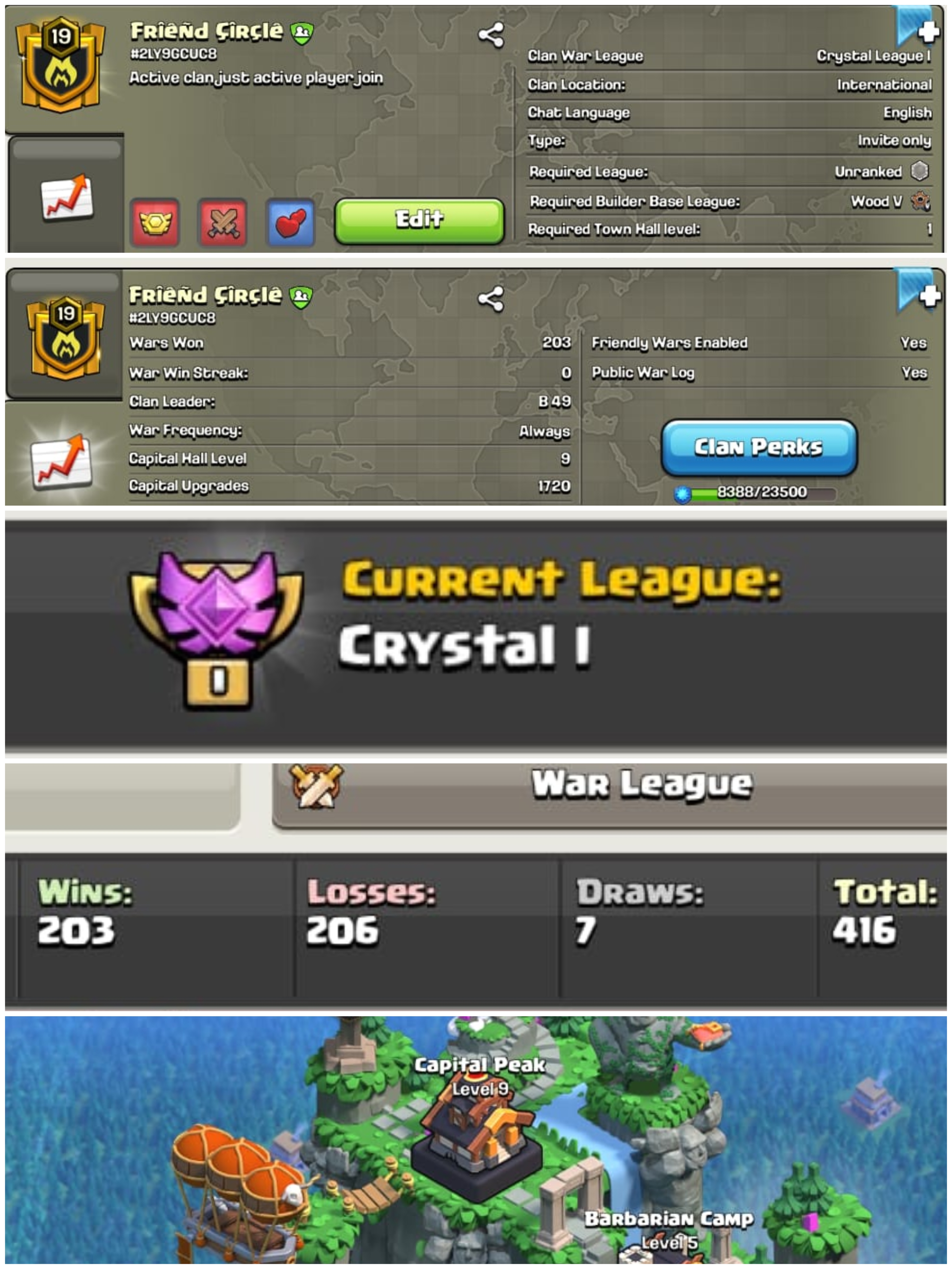 ➤CLAN LEVEL 19➤ CRYSTAL LEAGUE 1➤NAME: FRIEND CIRCLE ➤ RARE ENGLISH NAME ➤ CLAN CAPITAL 9 || WIN- 203 | LOSS- 206 ➤LOW PRICE