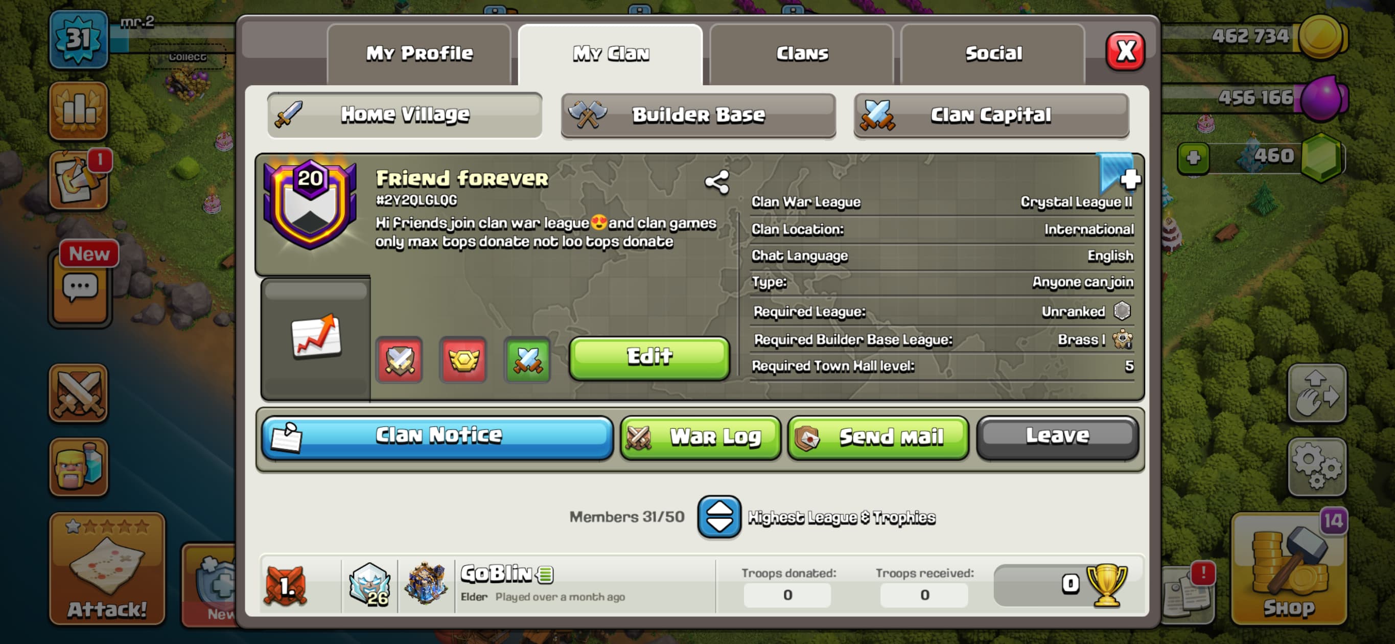 CLAN LEVEL 20 | 75% WIN RATE| 253 WIN- CAPITAL 10 MAX| LEAGUE CRYSTALS 2