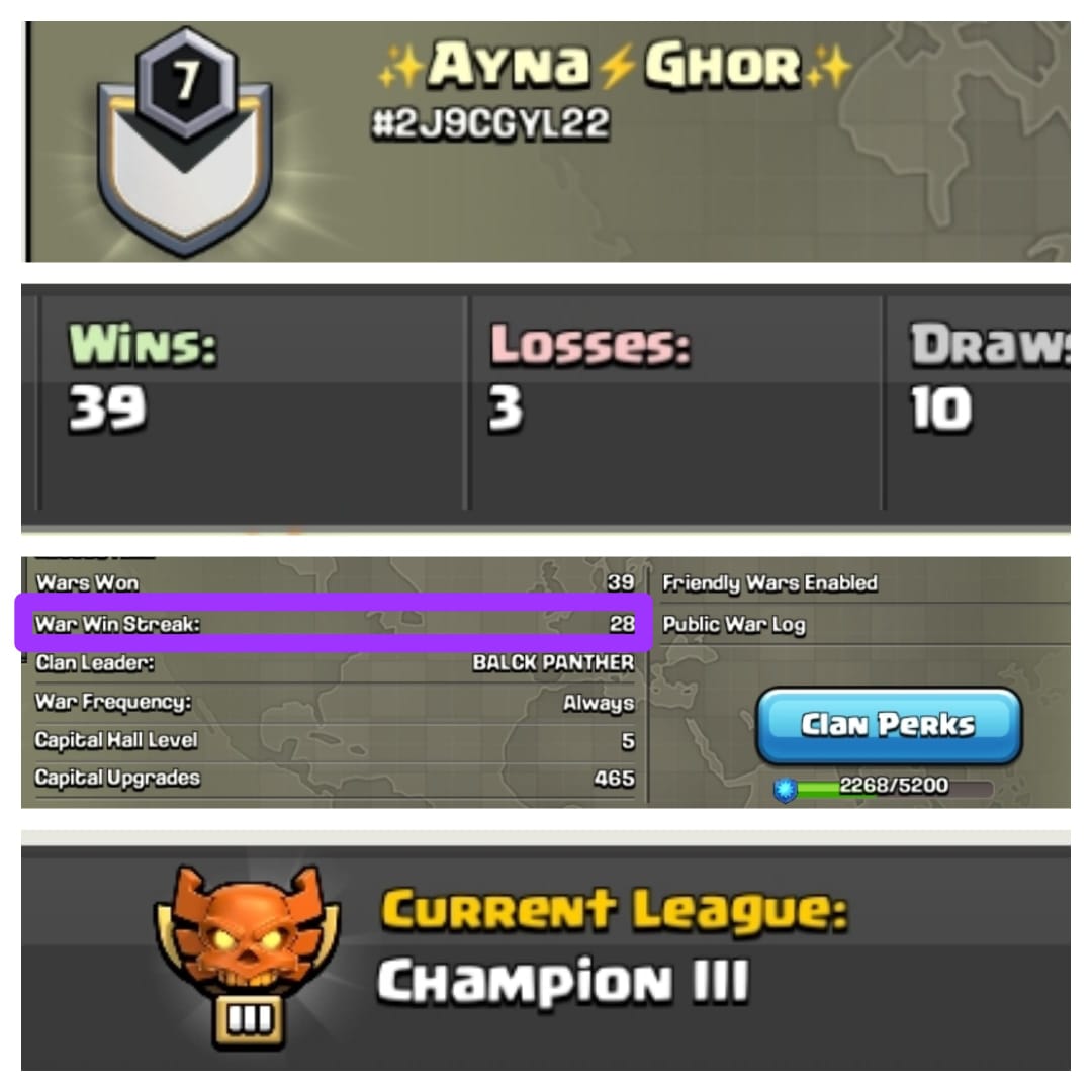 CLAN LEVEL 7 ➤ 28 STREAK ➤ CHAMPION LEAGUE 3➤NAME: Ayna Ghor➤ RARE ENGLISH NAME ➤ CLAN CAPITAL 10 || WIN- 39 | LOSS- 3 ➤LOW PRICE