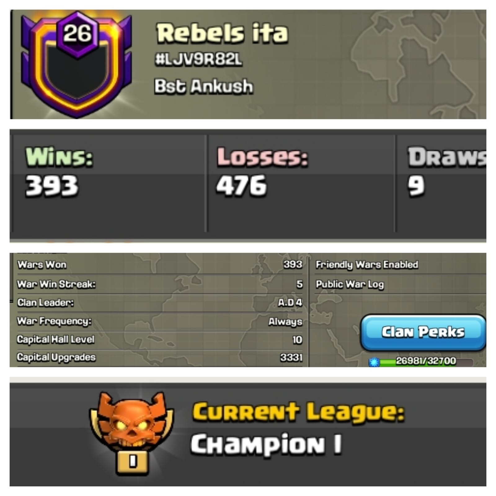 CU-3331➤CLAN LEVEL 26 ➤ CHAMPION LEAGUE 1➤NAME: Rebels Ita ➤CP MAXED ✓ RARE ENGLISH NAME ➤ CLAN CAPITAL 10 || WIN- 393 | LOSS- 476 ➤LOW PRICE