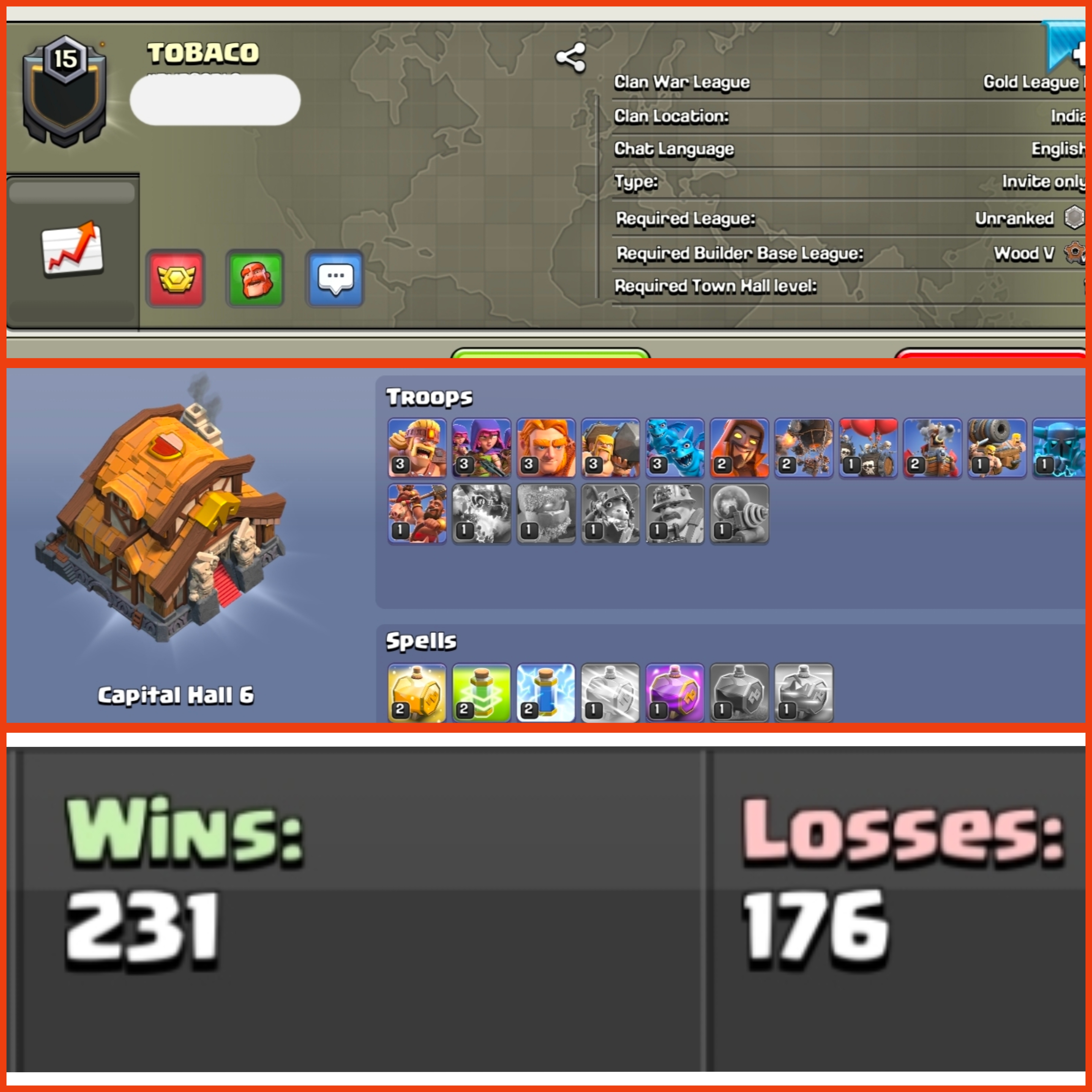 [ CC: 6] ⭐ ENGLISH NAME ⭐NAME- Tobaco ⭐ WARLOG WIN: 231 LOSE:176 ⭐ CWL League: Gold League 1!!⭐