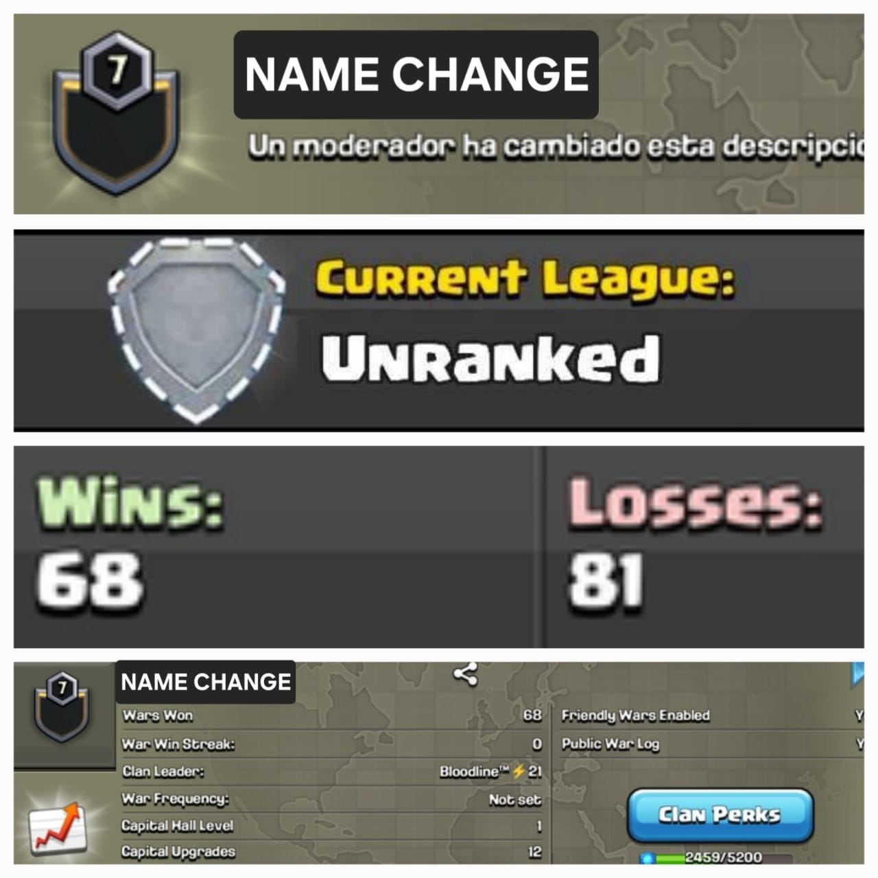 Level 7 name change clan || unranked || warlog 68-81