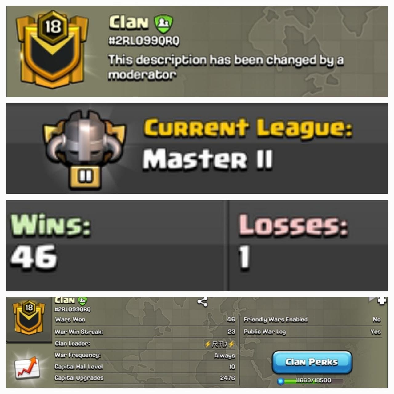 Rare Level 18 name change clan || master 2 || clan capital 10 || warlog 46-1 only 1 loss || 23 win streak || family friendly