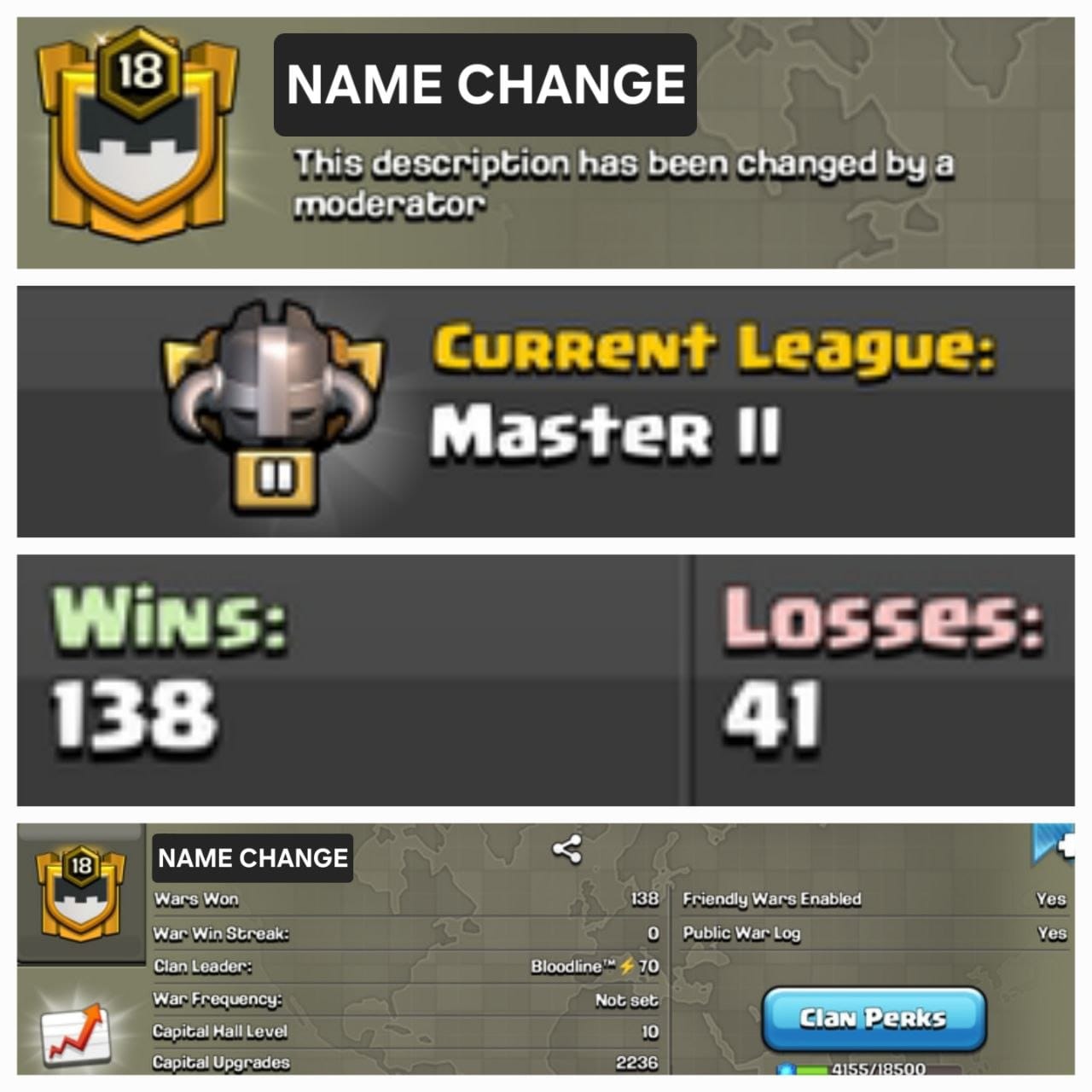 Level 18 name change clan || clan capital 10 || master 2 || positive warlog 138-41