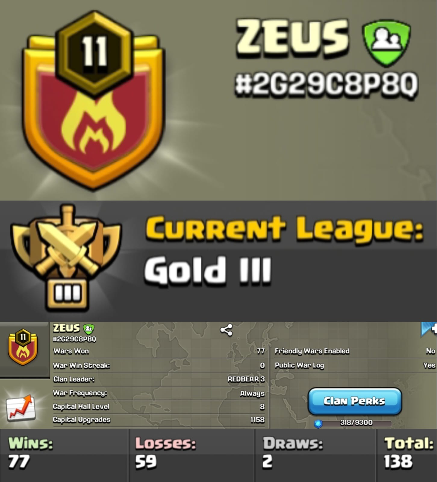 Level 11 clan || clan capital 8 || gold 3 || warlog 77-59 || short name - ZEUS