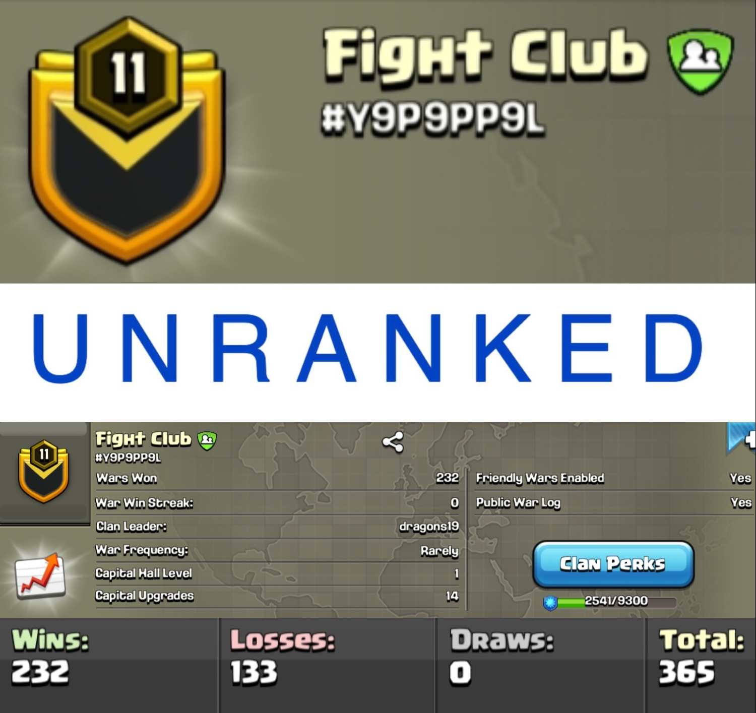 Level 11 unranked clan || warlog 232-133 || name - Fight Club